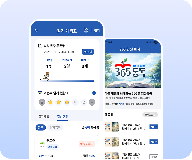 바이블 애플 통독 계획 화면 - 하루 읽을 장수 설정, 주말 제외, 대시보드 성경 통독 계획 일정 자동 계산 모바일 앱 화면